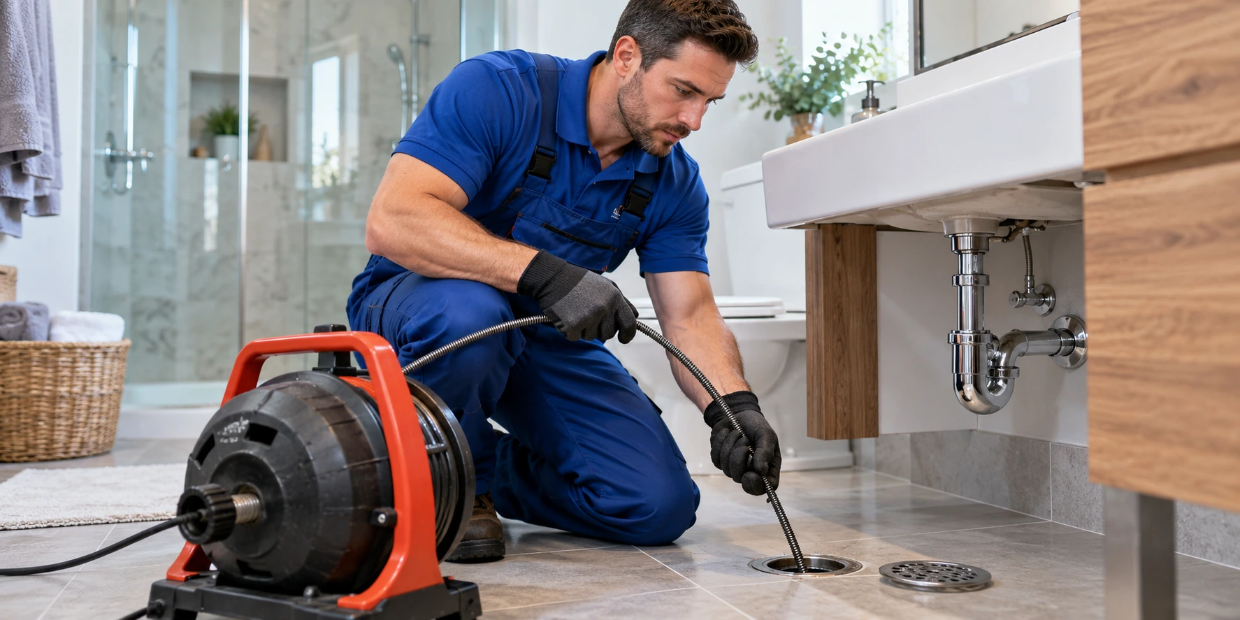 Professional plumber using a drain snake to clear a clogged bathroom drain