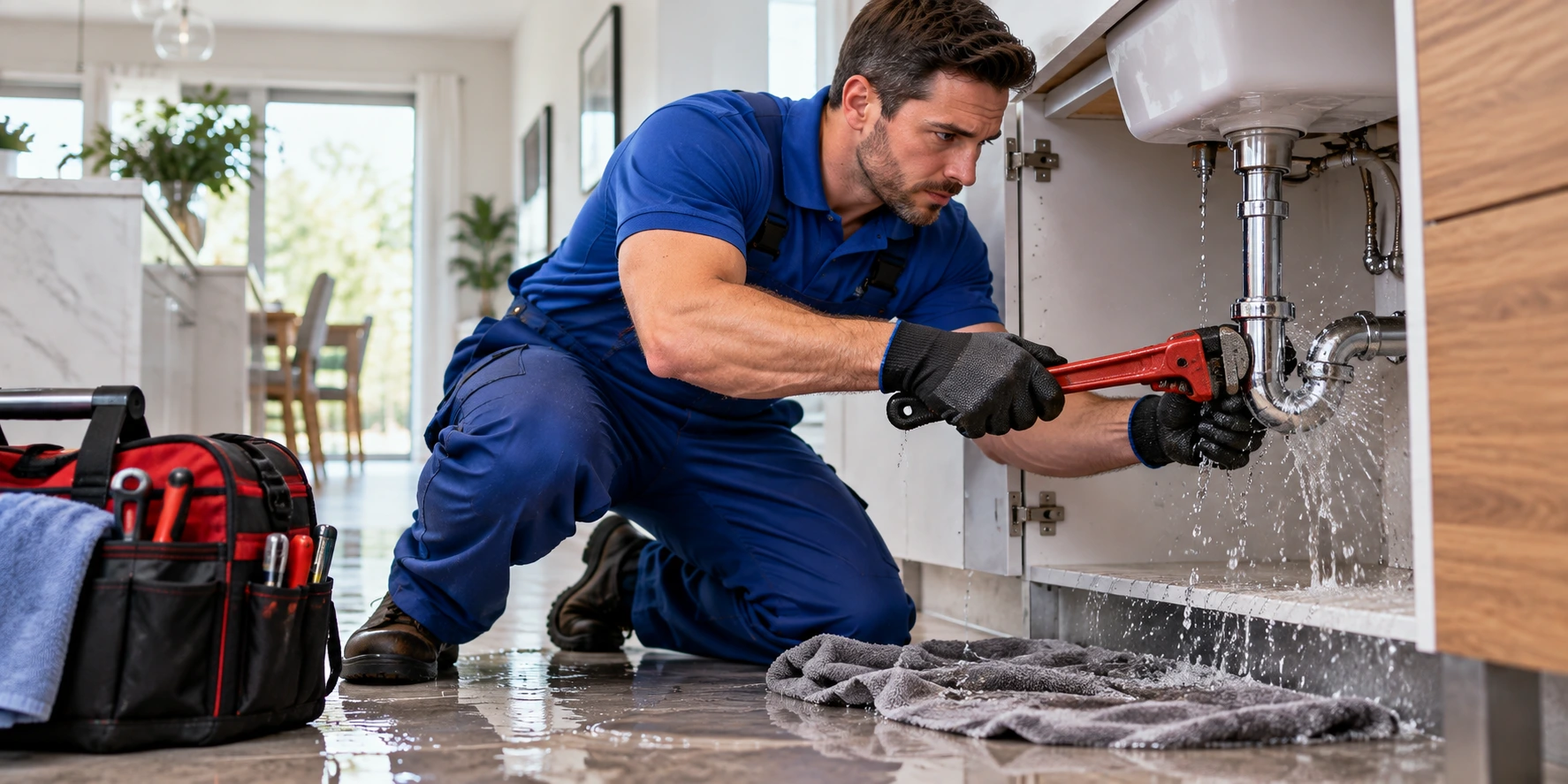 Emergency plumber repairing a leaking pipe under a residential sink
