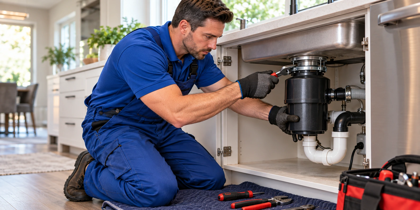 Plumber repairing a garbage disposal unit under a kitchen sink