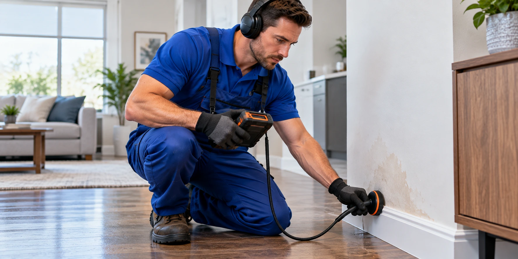 Plumber using professional equipment to detect a hidden water leak