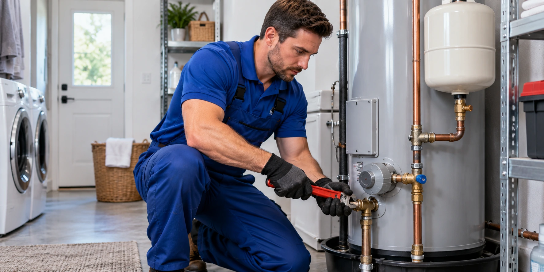 Plumber servicing a residential water heater and plumbing connections