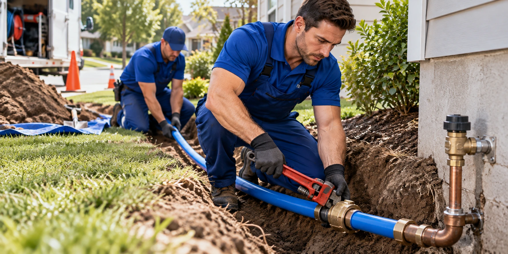 Plumbing crew replacing a residential water line outside a home