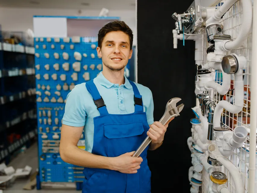 Professional plumber holding a wrench beside a display of plumbing fixtures and pipe fittings